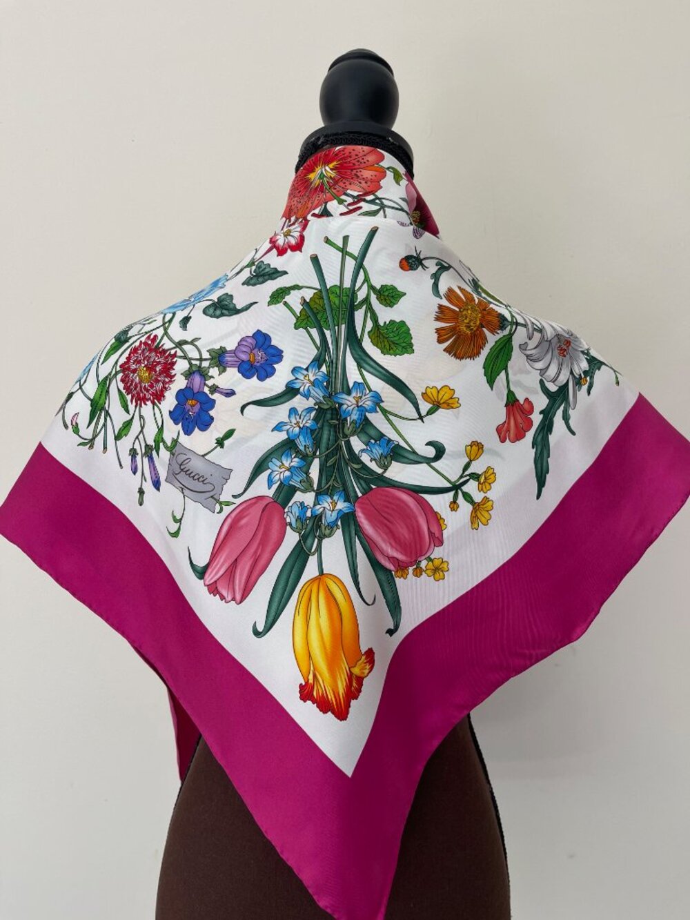 Display #3 Gucci Scarf Flora Print Multicolor Pink Border Silk Wrap